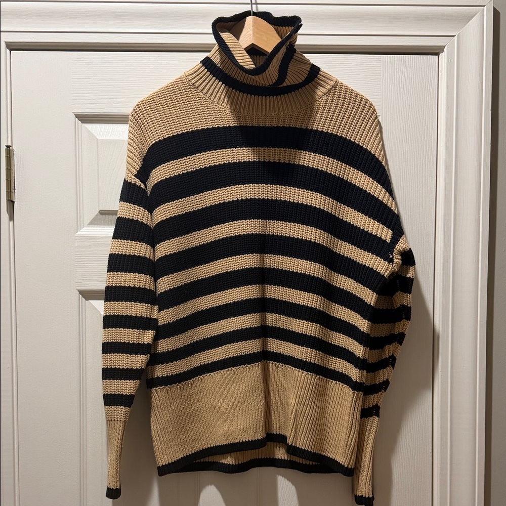 CAbi Striped Turtleneck Sweater in Beige and Black